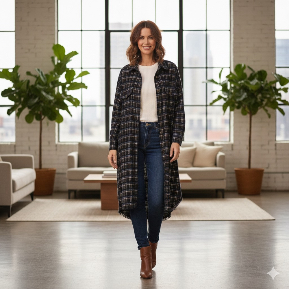 Priv Navy Boucle Tweed Long Shacket Shirt Jacket Size M